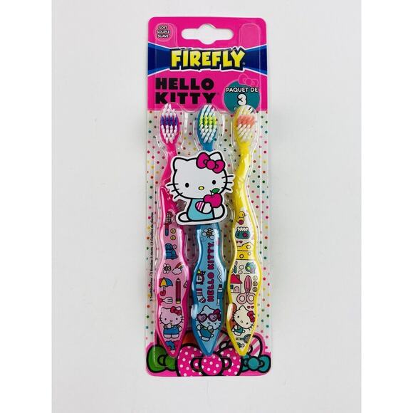 Firefly Sanrio Hello Kitty Kids Toothbrush 3 Pack - Soft Yellow Pink Blue Wavy - Picture 1 of 6